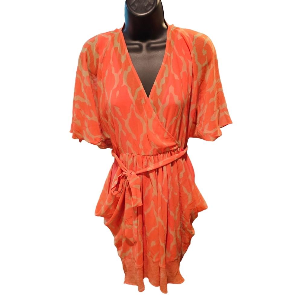 Bebe Orange Coral Double V-Neck Wrap Kimono Sheer Top Dress Size Small - Picture 2 of 10